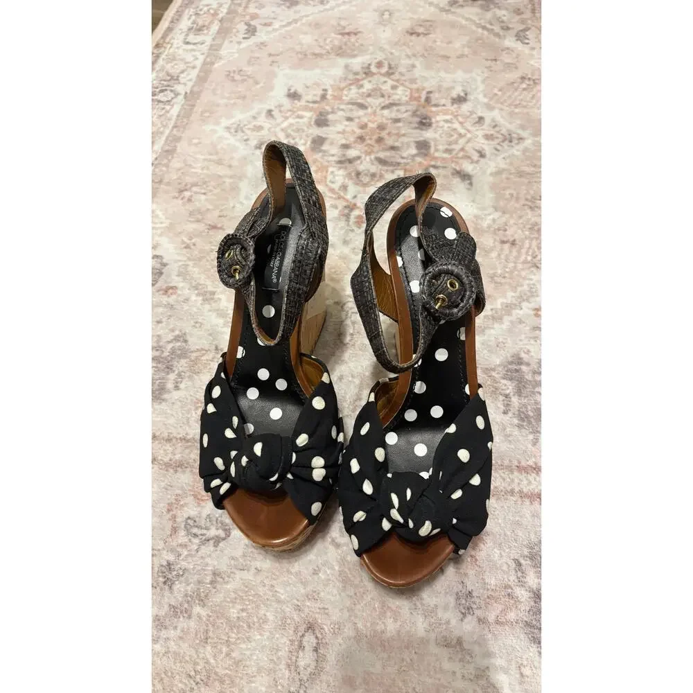 Dolce & Gabbana Polka Dot Cork Wedge Sandals Ankle Strap Women's US 7.5 - Picture 3 of 9